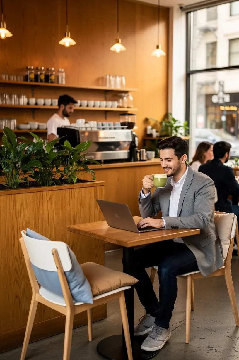 Calm home office environment with natural light and minimal tech devices promoting balanced digital habits.