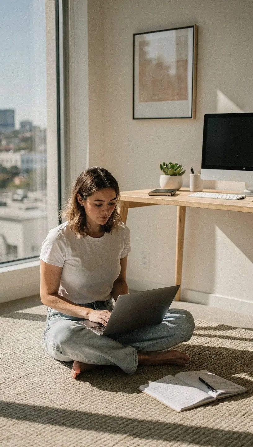 Simplified workspace with a clean desk, laptop, and minimal accessories representing digital minimalism principles.